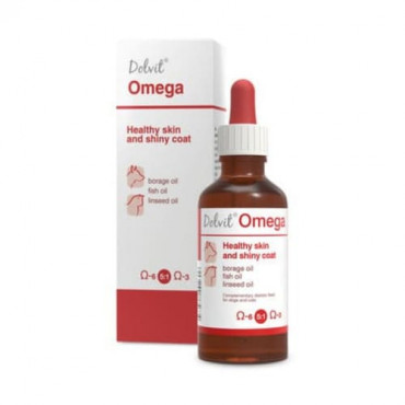 Minerālu papildbarība suņiem un kaķiem Dolfos Dolvit Omega veselīga āda un spīdīgs mētelis 50 ml