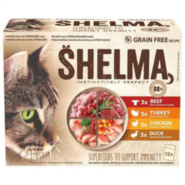 Konservi kaķiem SHELMA  gaļas asorti (liellops, tītars, vista, pīle mērcē) 12x 85 g