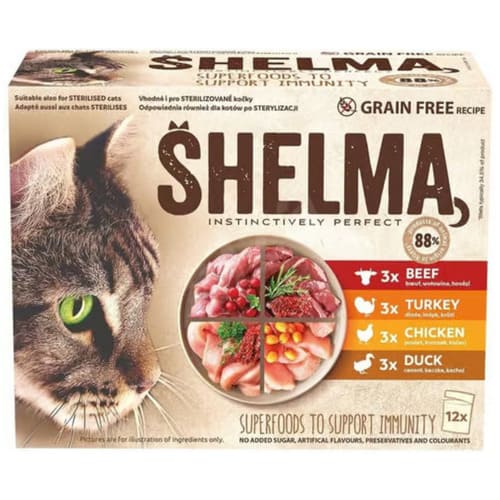 Konservi kaķiem SHELMA  gaļas asorti (liellops, tītars, vista, pīle mērcē) 12x 85 g