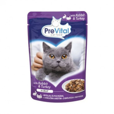 Konservi kaķiem PreVital Pouch for adult cat with turkey and rabbit in Jelly, tītara un truša gaļa želejā 100 g