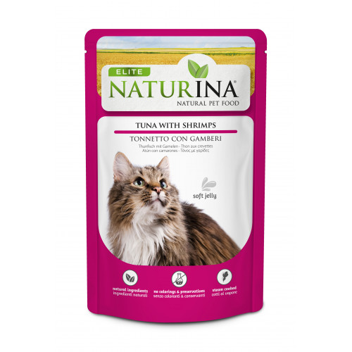 NATURINA ELITE - konservi kaķiem tuncis ar garnelēm želejā 70 g.